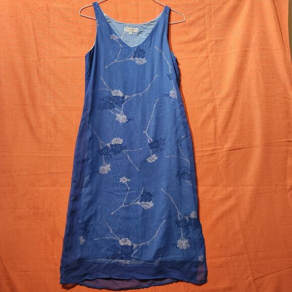 Vintage 90s Sz 4 Blue Floral Mesh Layer Sleeveless Sheath Dress Phoebe Buffay - Picture 1 of 7